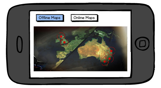 ZOS for iOS mockup with buttons to choose between offline and online maps