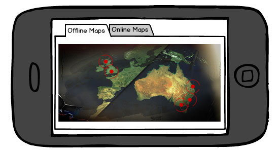 ZOS for iOS mockup with tabs to choose between offline and online maps